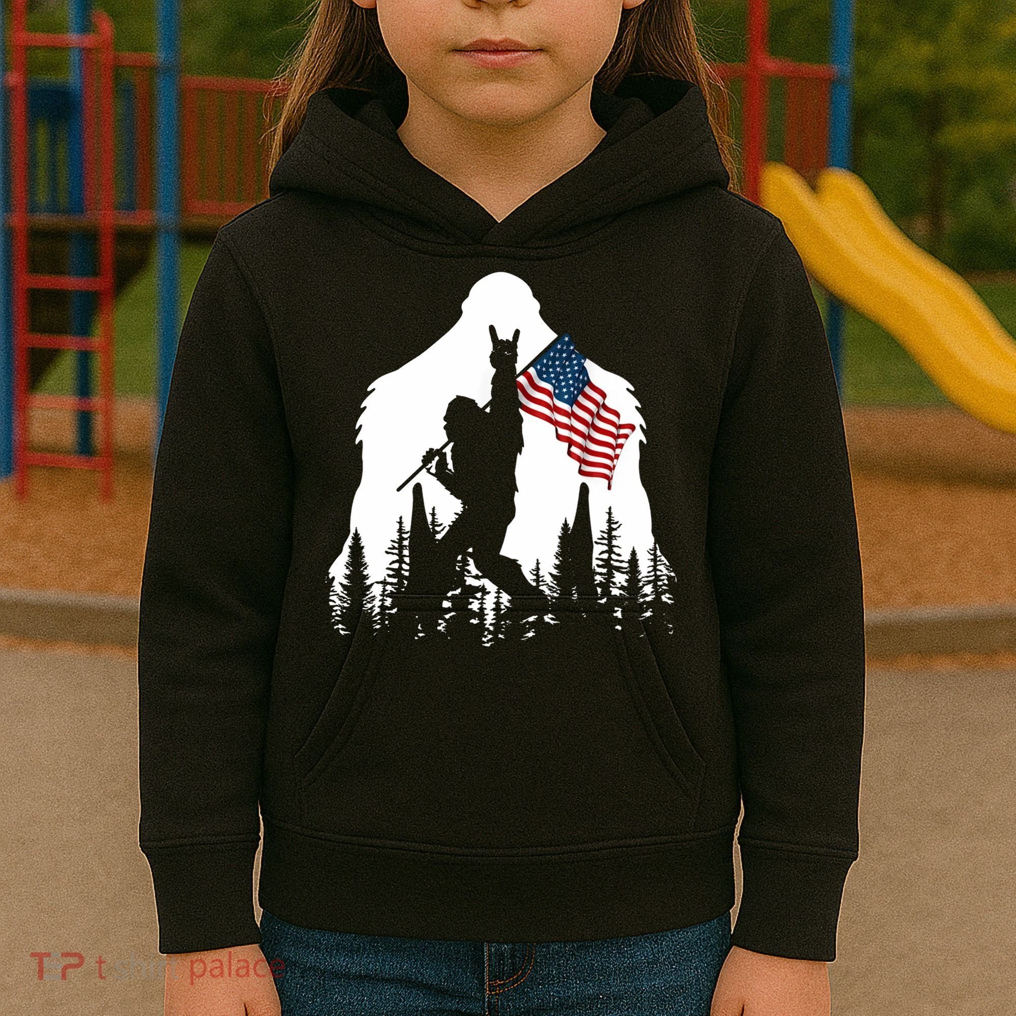 Sasquatch Believers Bigfoot Rock On Hold American Flag Kids Hoodie