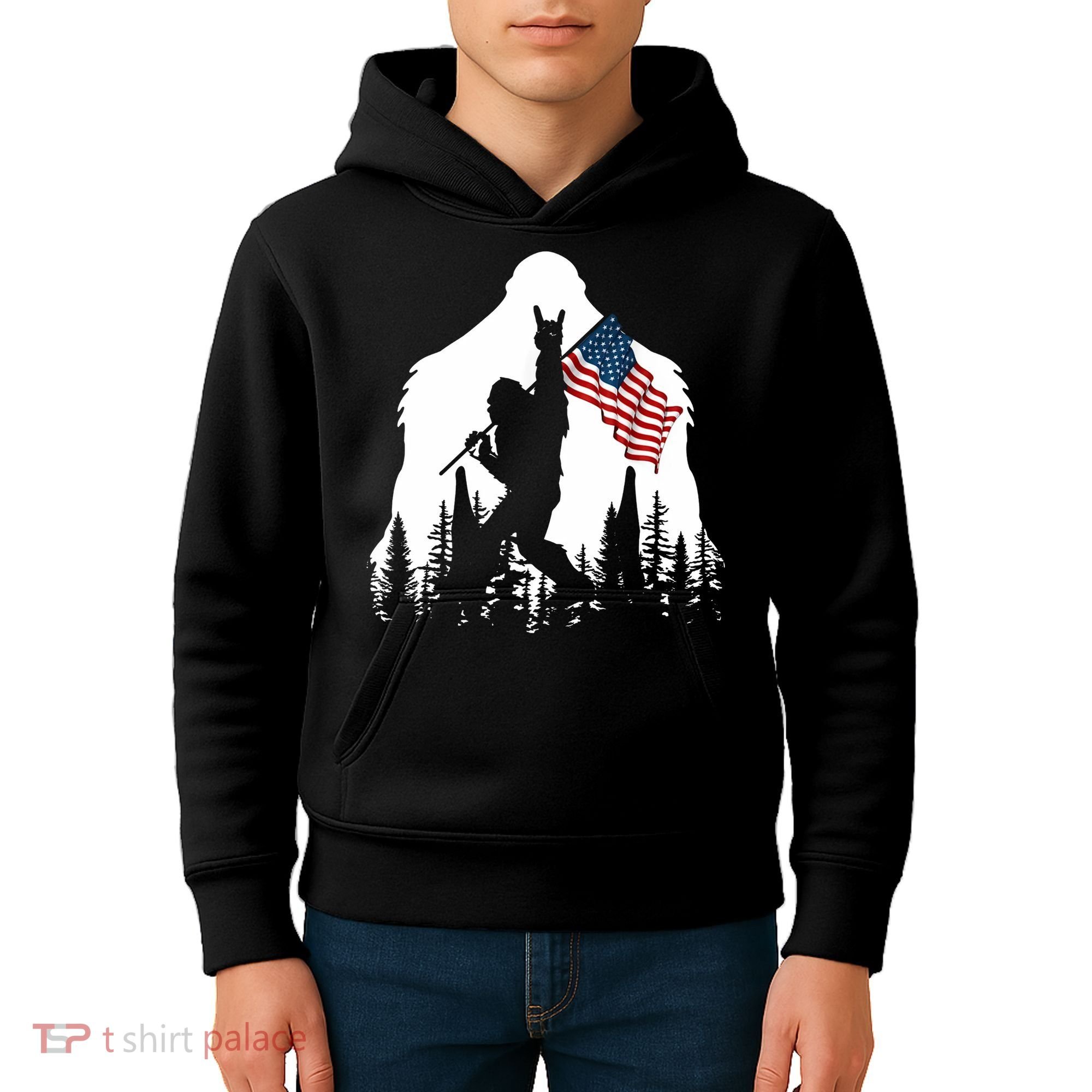 Sasquatch Believers Bigfoot Rock On Hold American Flag Kids Hoodie