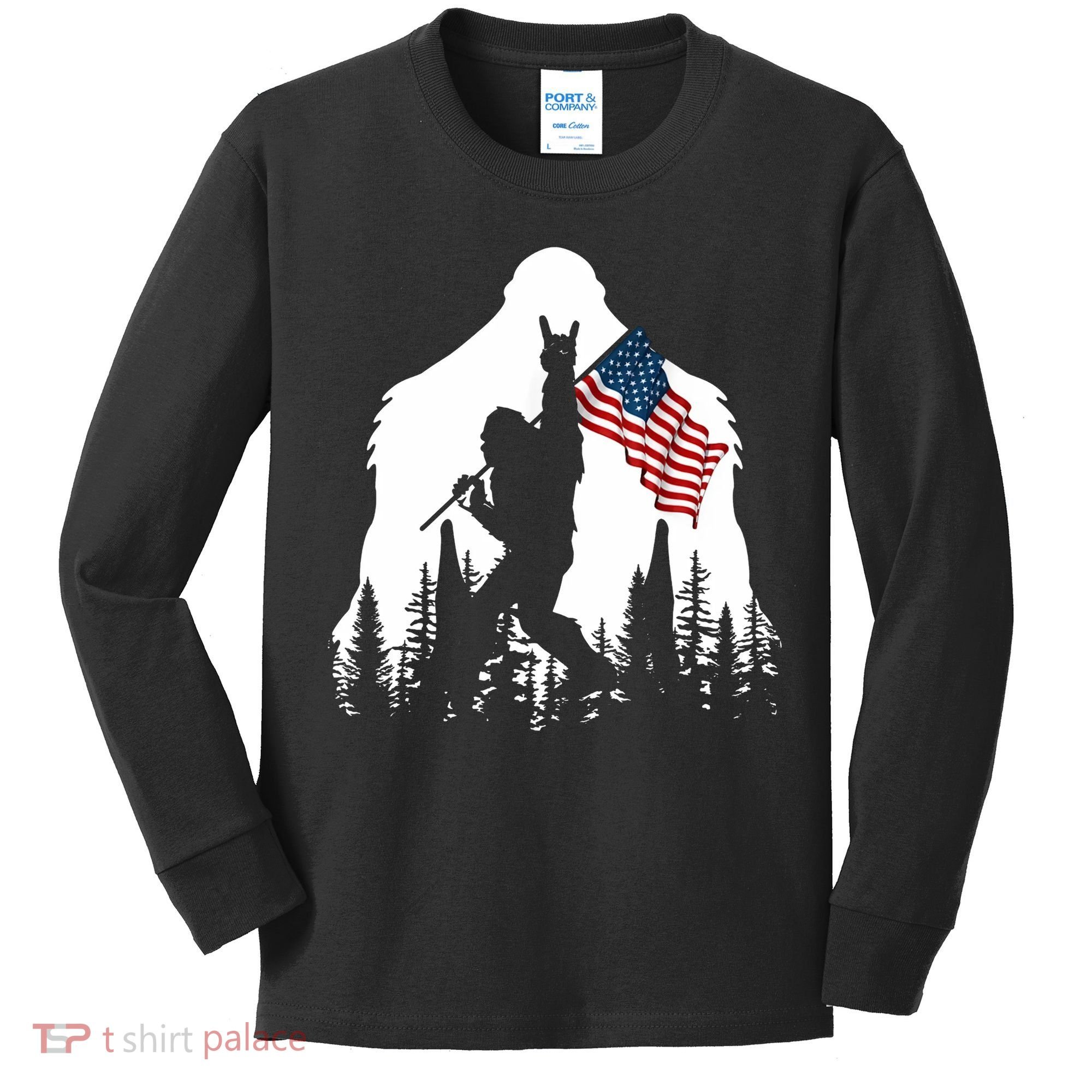 Sasquatch Believers Bigfoot Rock On Hold American Flag Kids Long Sleeve Shirt