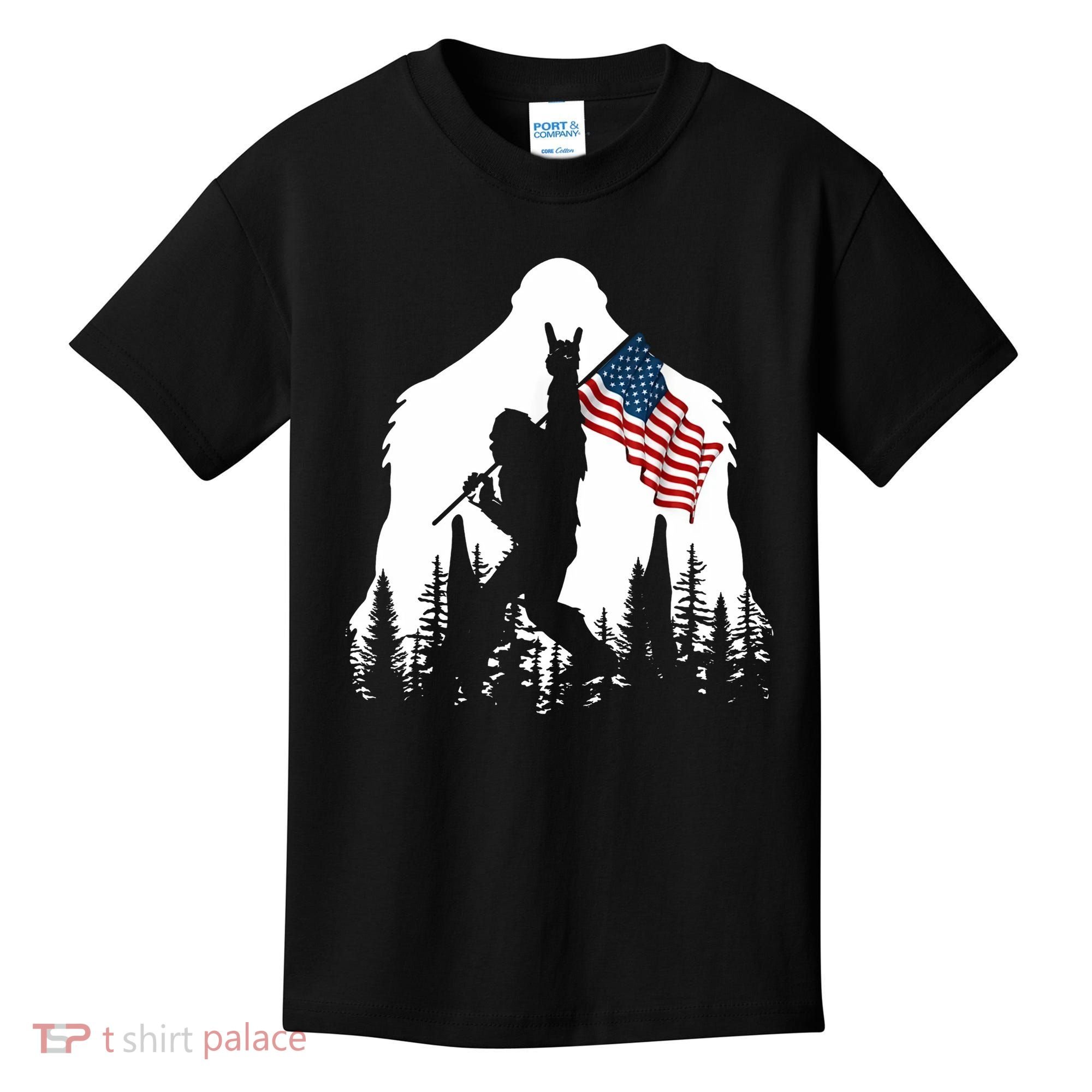 Sasquatch Believers Bigfoot Rock On Hold American Flag Kids T-Shirt