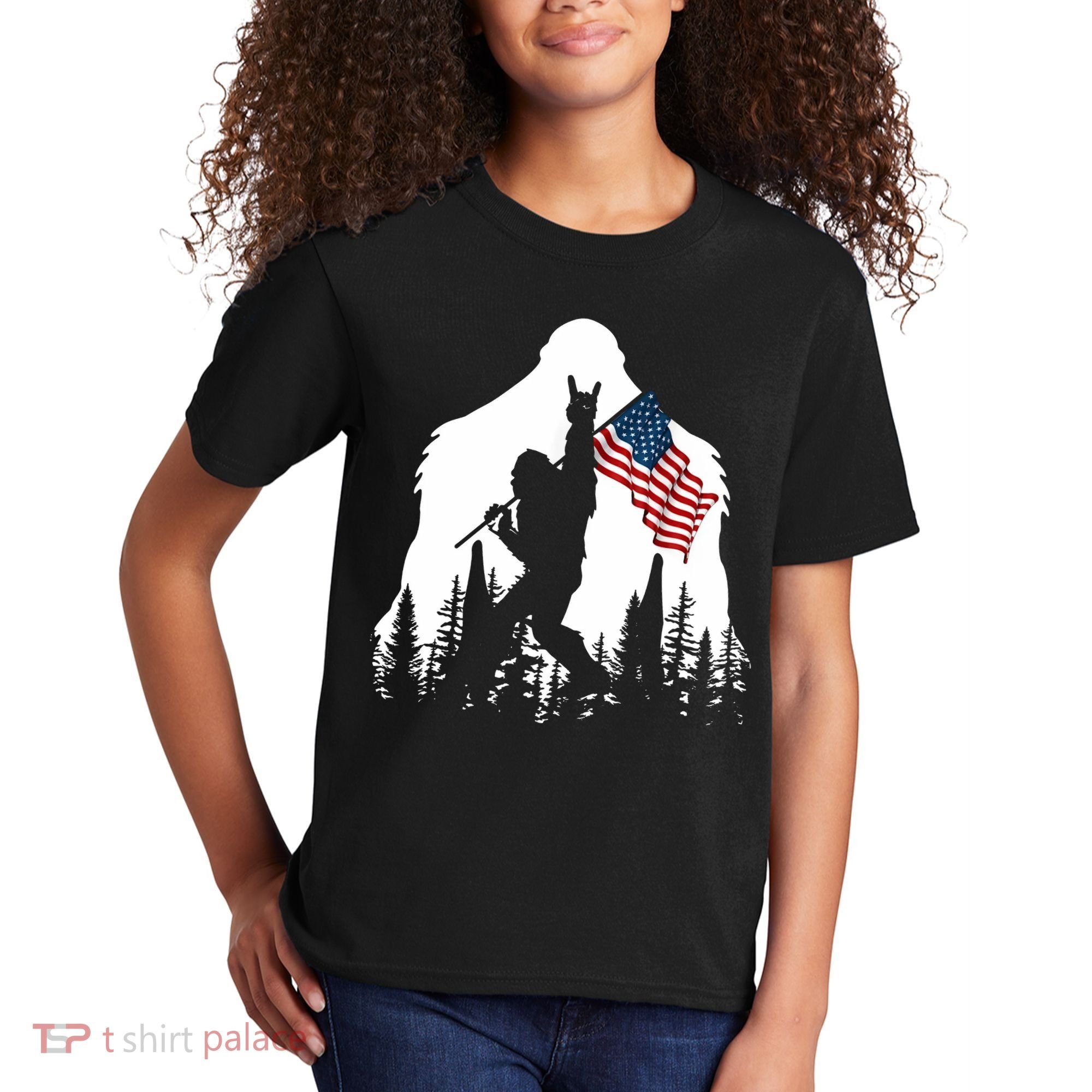 Sasquatch Believers Bigfoot Rock On Hold American Flag Kids T-Shirt