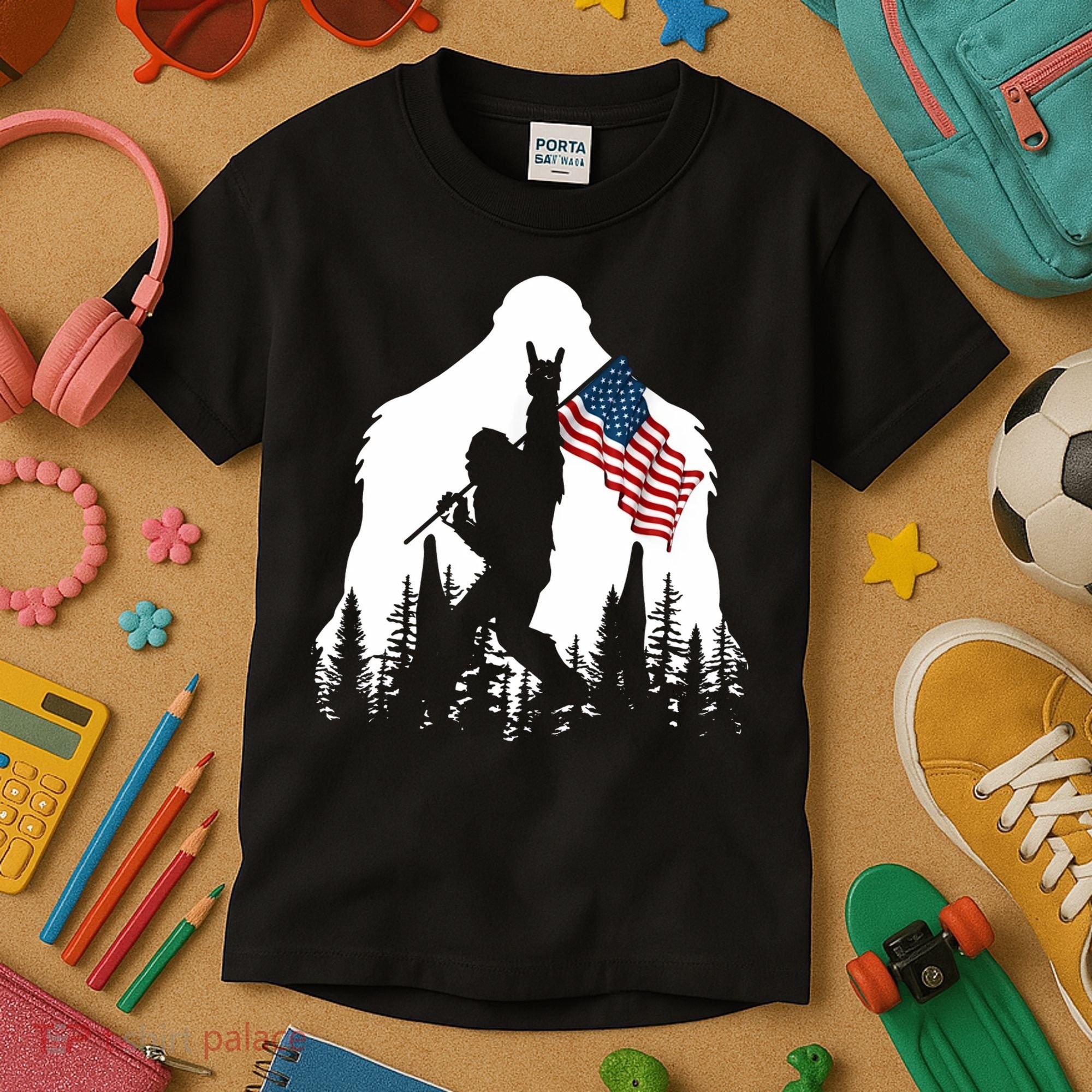 Sasquatch Believers Bigfoot Rock On Hold American Flag Kids T-Shirt