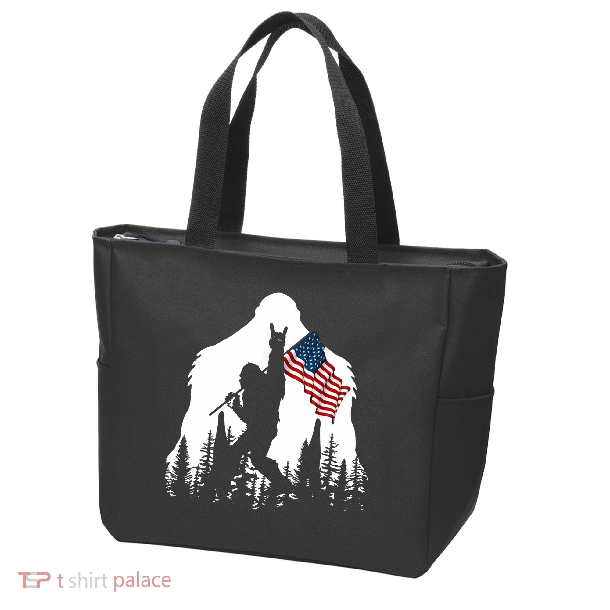 Sasquatch Believers Bigfoot Rock On Hold American Flag Tote Bag