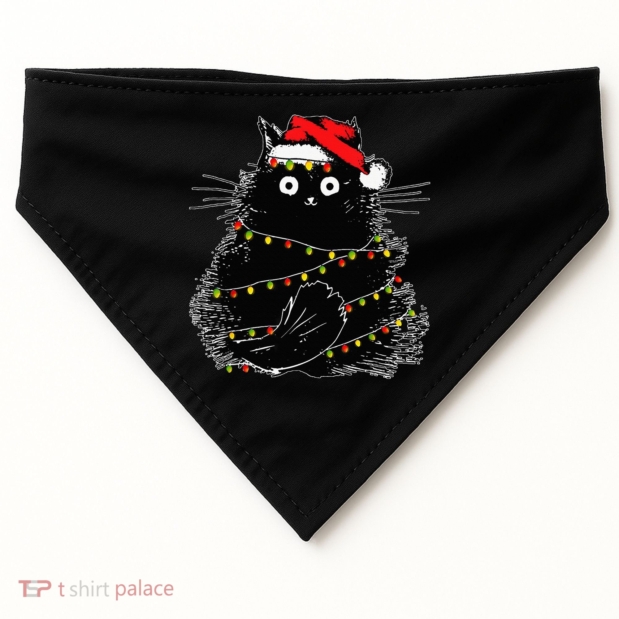 Santa Black Cat Tangled Up In Christmas Tree Lights Holiday USA-Made Doggie Bandana