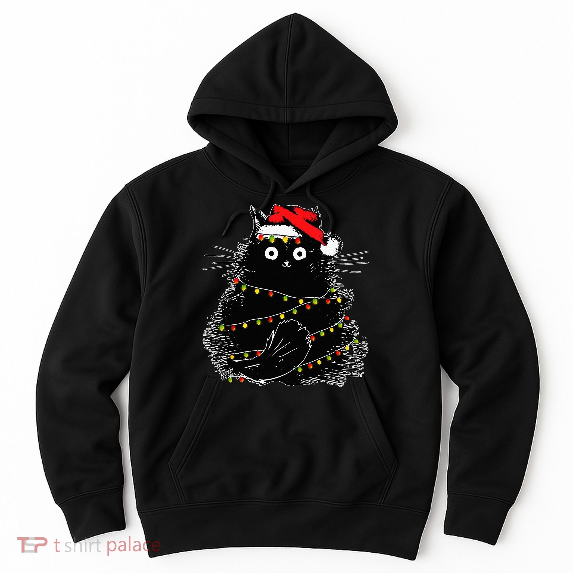 Santa Black Cat Tangled Up In Christmas Tree Lights Holiday Hoodie