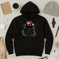 Santa Black Cat Tangled Up In Christmas Tree Lights Holiday Hoodie thumb 3