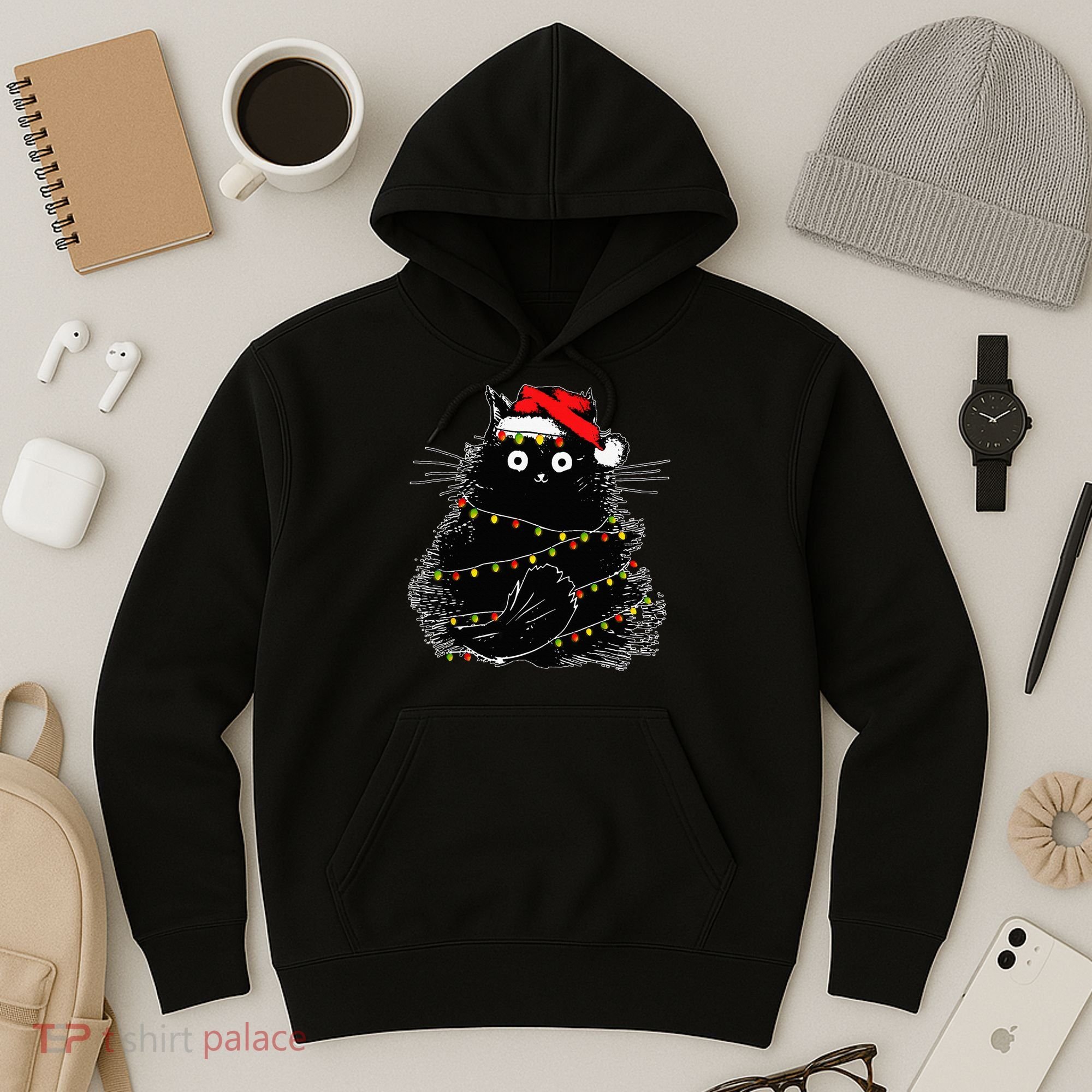 Santa Black Cat Tangled Up In Christmas Tree Lights Holiday Hoodie