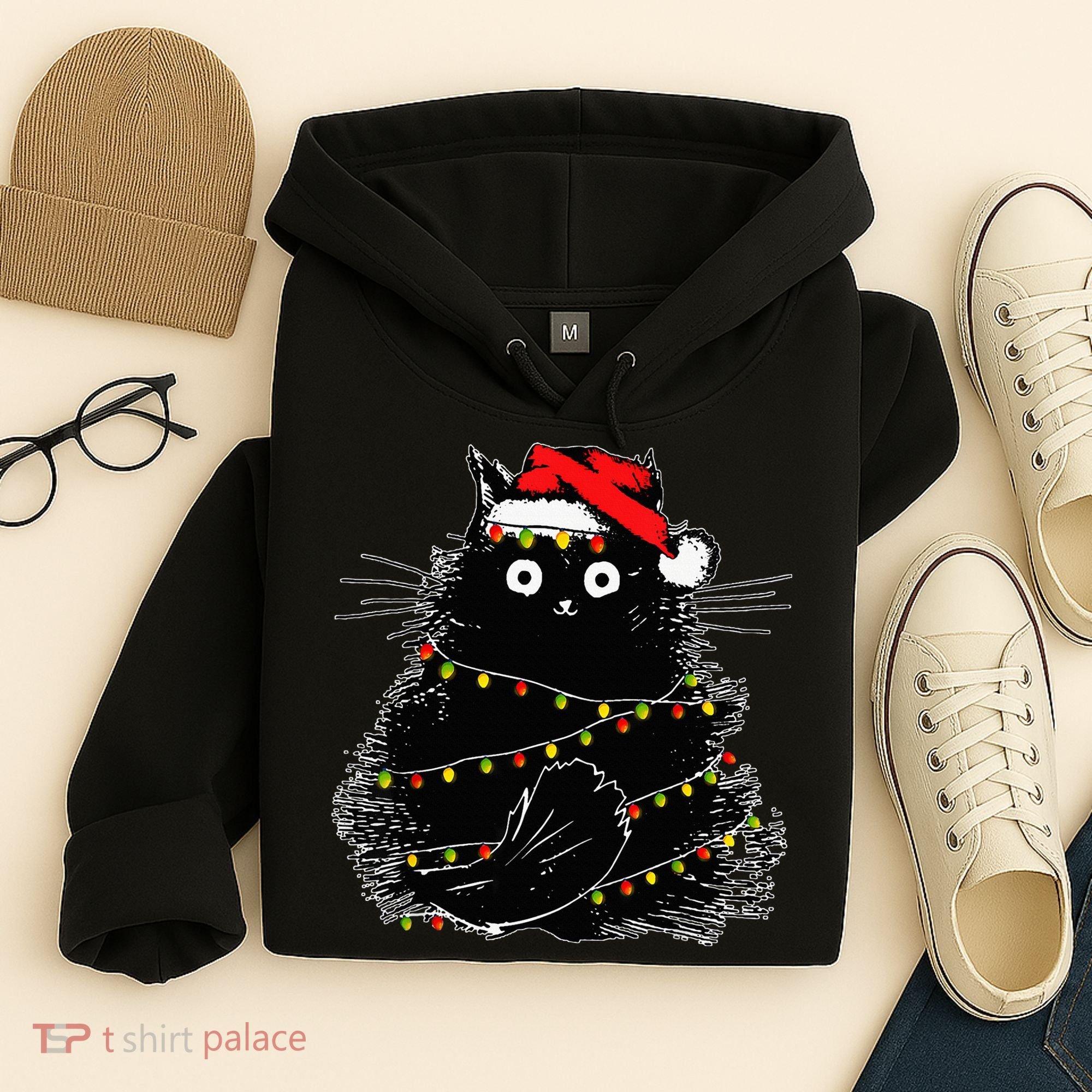 Santa Black Cat Tangled Up In Christmas Tree Lights Holiday Hoodie