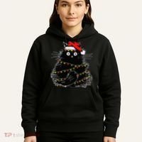 Santa Black Cat Tangled Up In Christmas Tree Lights Holiday Hoodie thumb 5