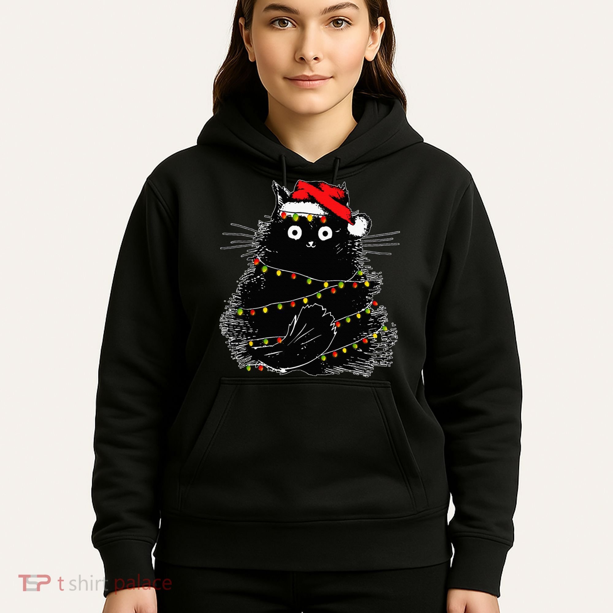 Santa Black Cat Tangled Up In Christmas Tree Lights Holiday Hoodie
