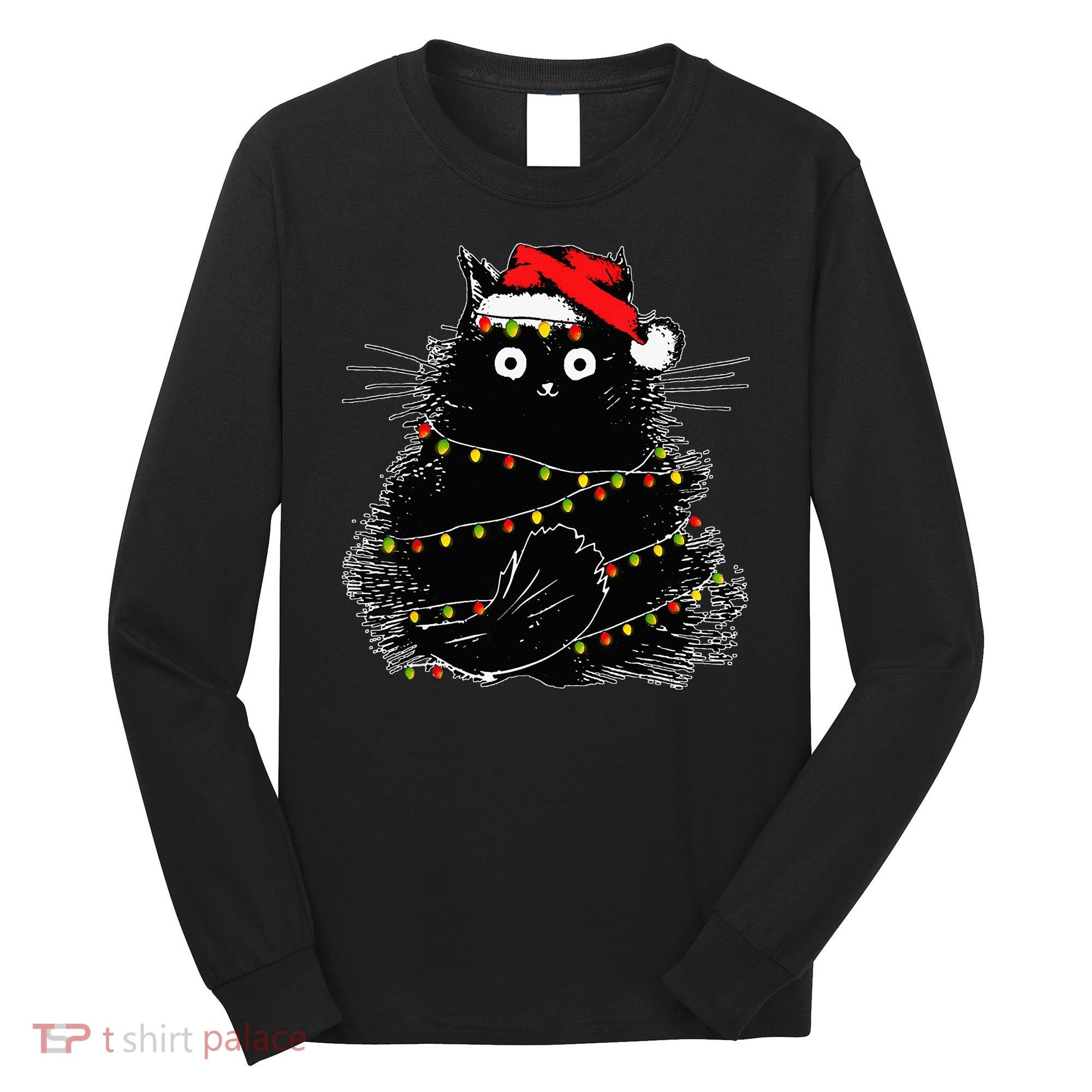 Santa Black Cat Tangled Up In Christmas Tree Lights Holiday Long Sleeve Shirt