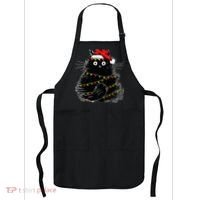 Santa Black Cat Tangled Up In Christmas Tree Lights Holiday Apron thumb 0