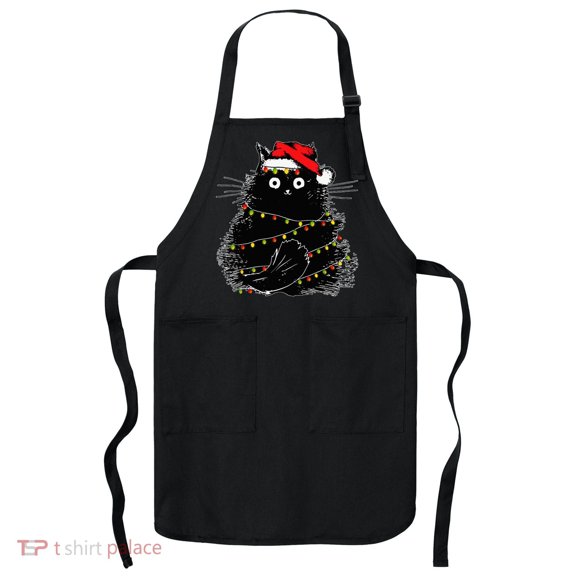 Santa Black Cat Tangled Up In Christmas Tree Lights Holiday Apron