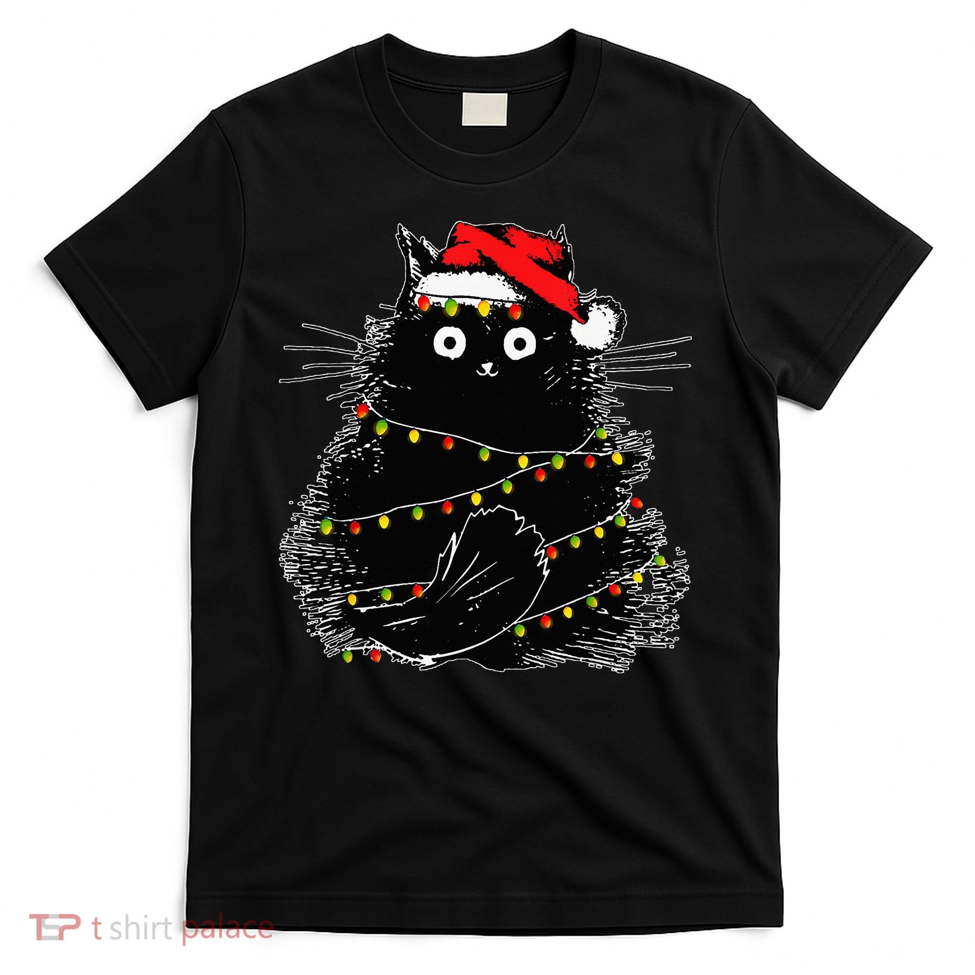 Santa Black Cat Tangled Up In Christmas Tree Lights Holiday T-Shirt