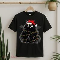Santa Black Cat Tangled Up In Christmas Tree Lights Holiday T-Shirt thumb 2