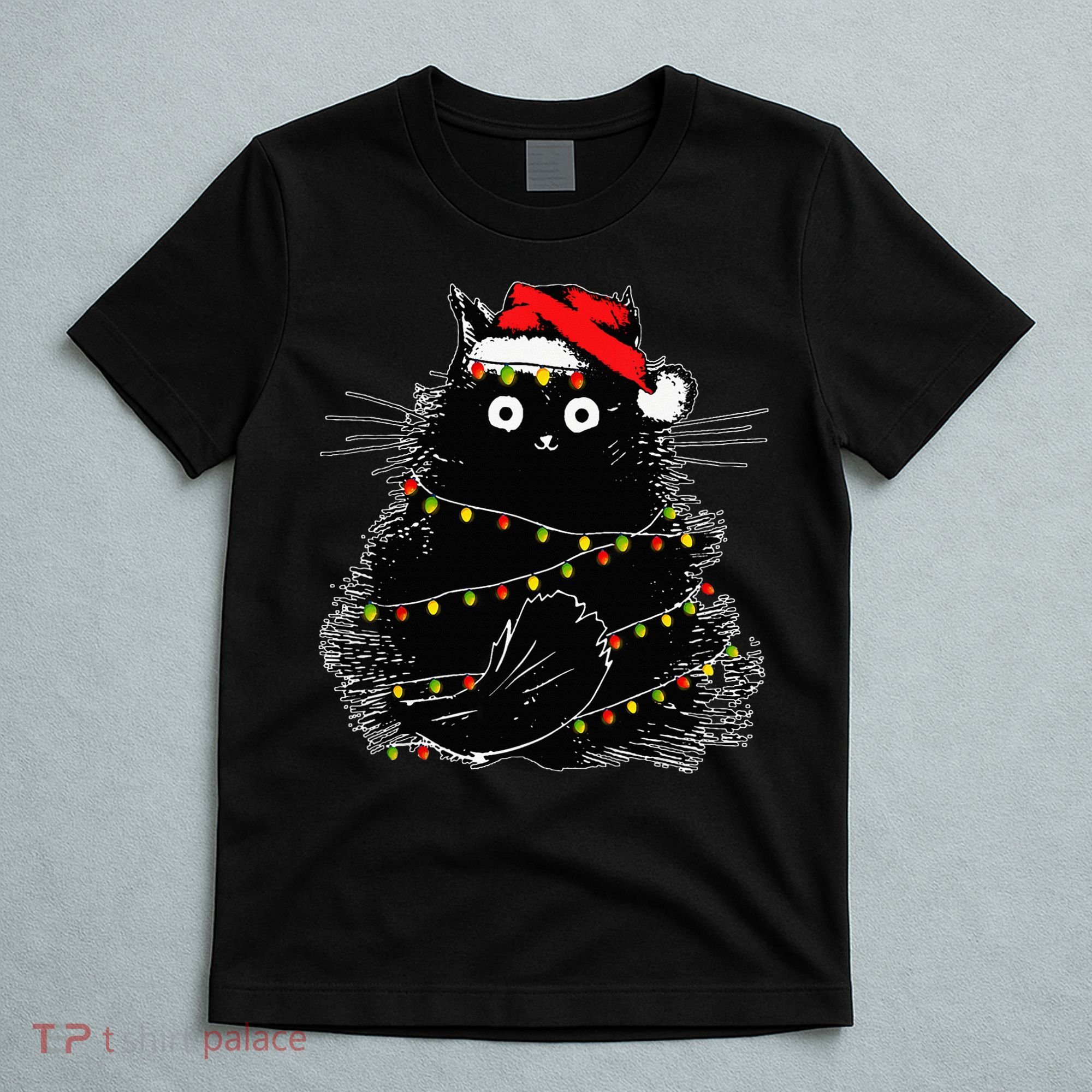 Santa Black Cat Tangled Up In Christmas Tree Lights Holiday T-Shirt