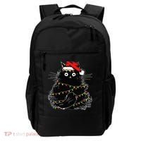 Santa Black Cat Tangled Up In Christmas Tree Lights Holiday Backpack thumb 0