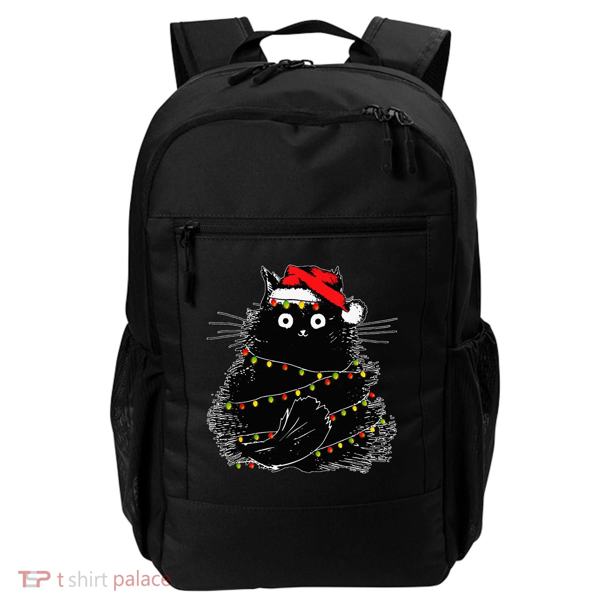 Santa Black Cat Tangled Up In Christmas Tree Lights Holiday Backpack