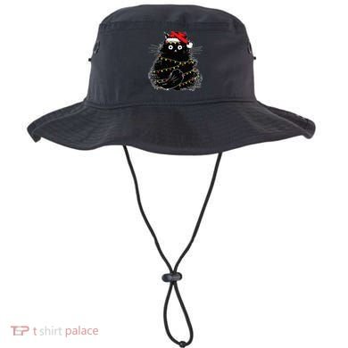 Santa Black Cat Tangled Up In Christmas Tree Lights Holiday Bucket Hat