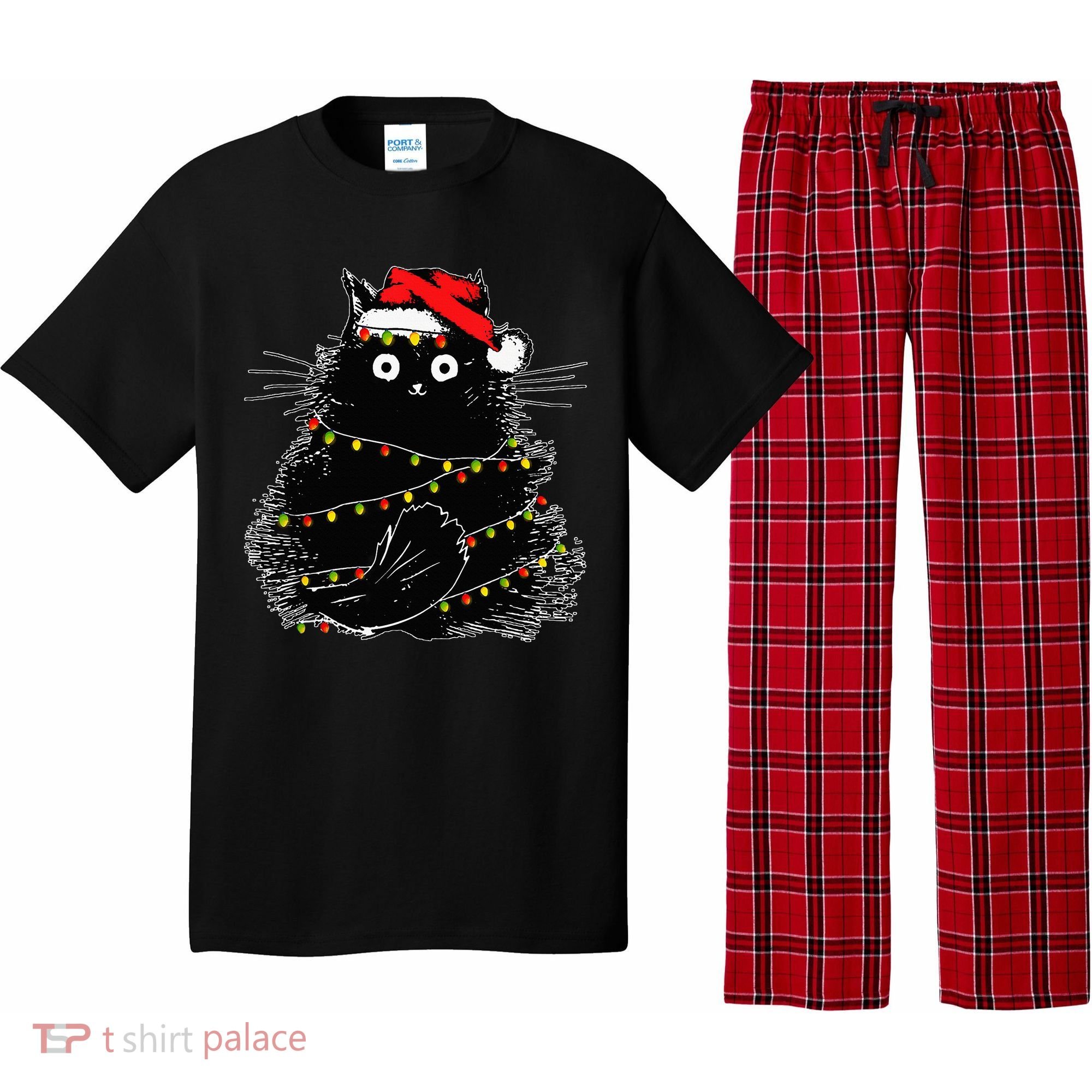 Santa Black Cat Tangled Up In Christmas Tree Lights Holiday Pajama Set