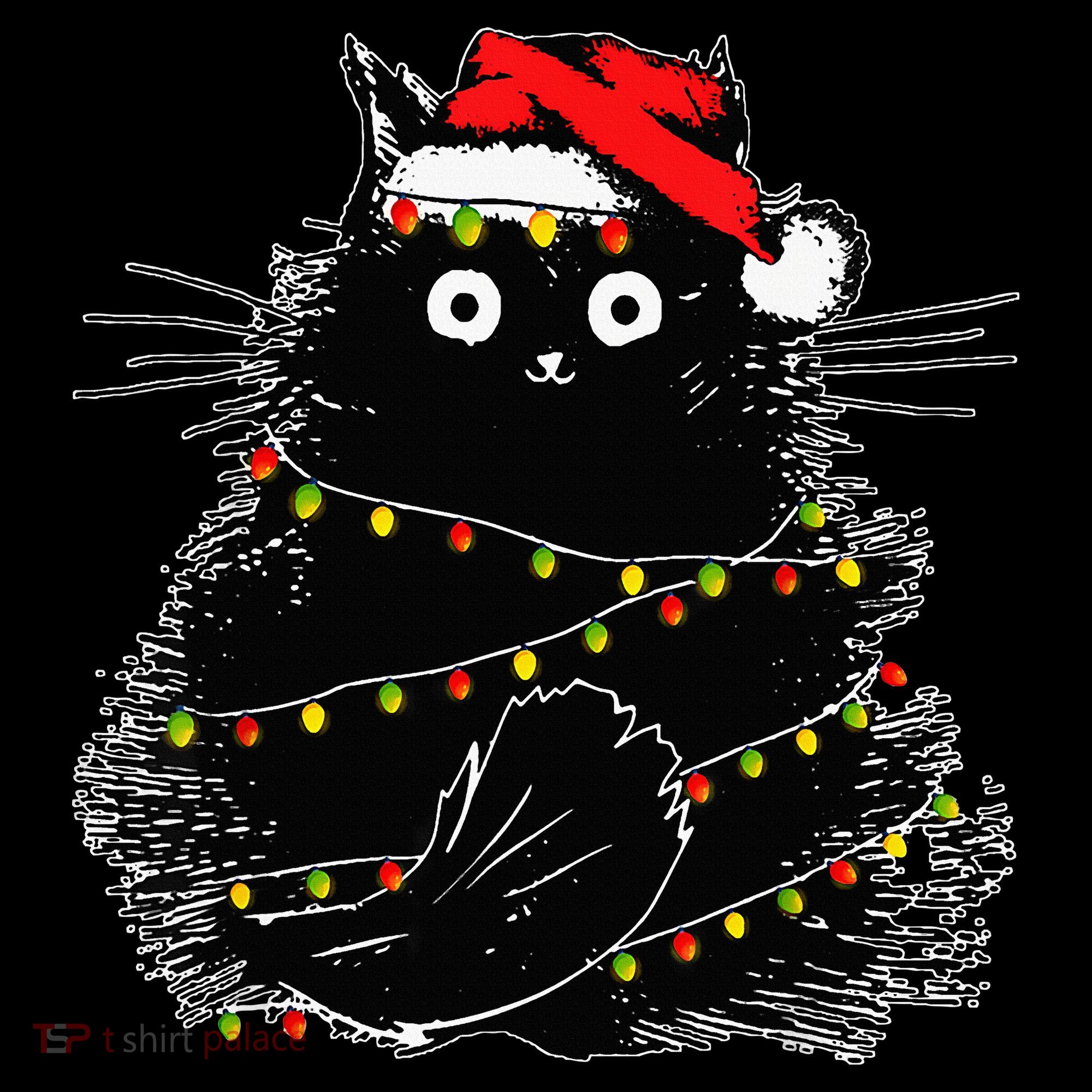 Santa Black Cat Tangled Up In Christmas Tree Lights Holiday Women's Hoodie