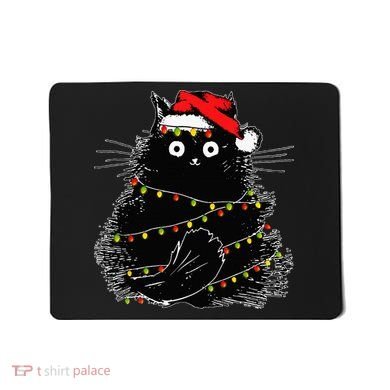 Santa Black Cat Tangled Up In Christmas Tree Lights Holiday Mousepad