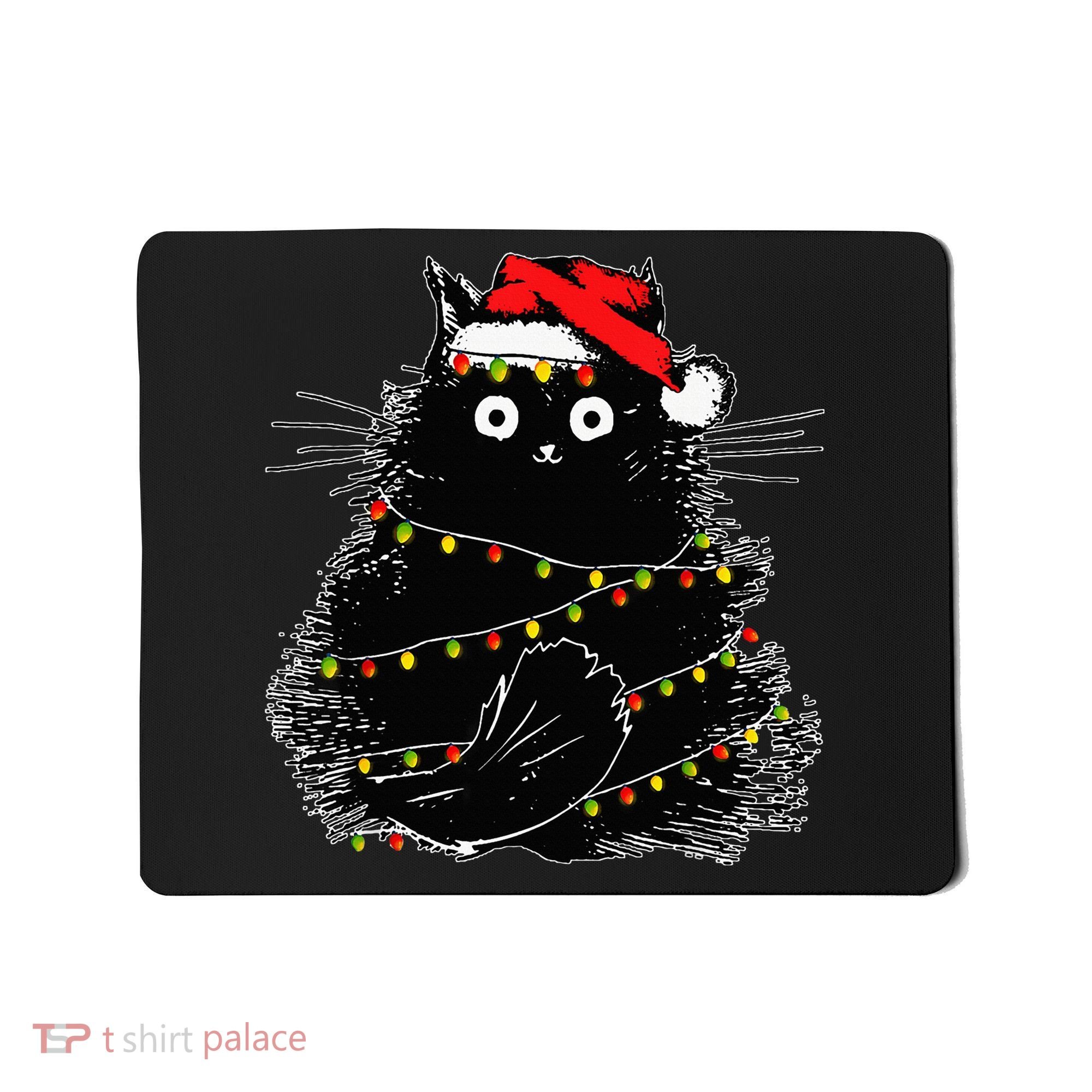 Santa Black Cat Tangled Up In Christmas Tree Lights Holiday Mousepad