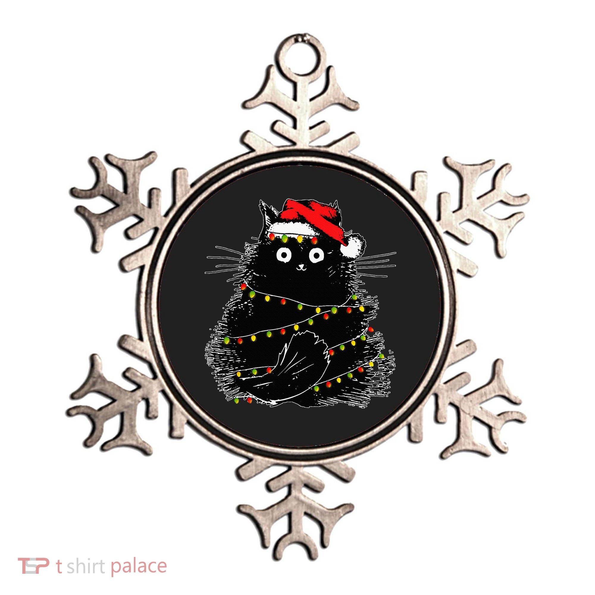 Santa Black Cat Tangled Up In Christmas Tree Lights Holiday Ornament