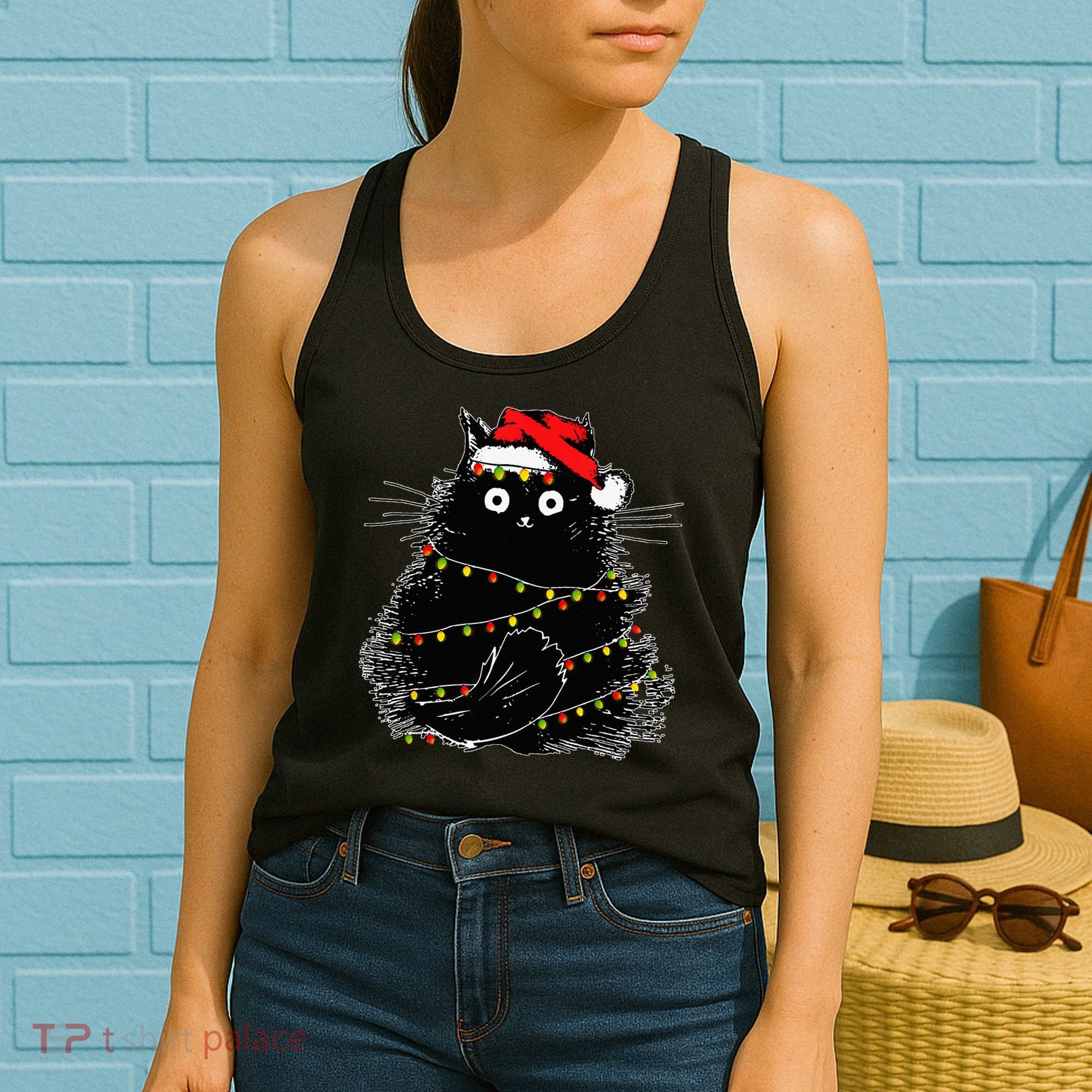 Santa Black Cat Tangled Up In Christmas Tree Lights Holiday Women's Tank Top