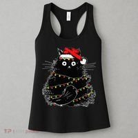 Santa Black Cat Tangled Up In Christmas Tree Lights Holiday Women's Tank Top thumb 3