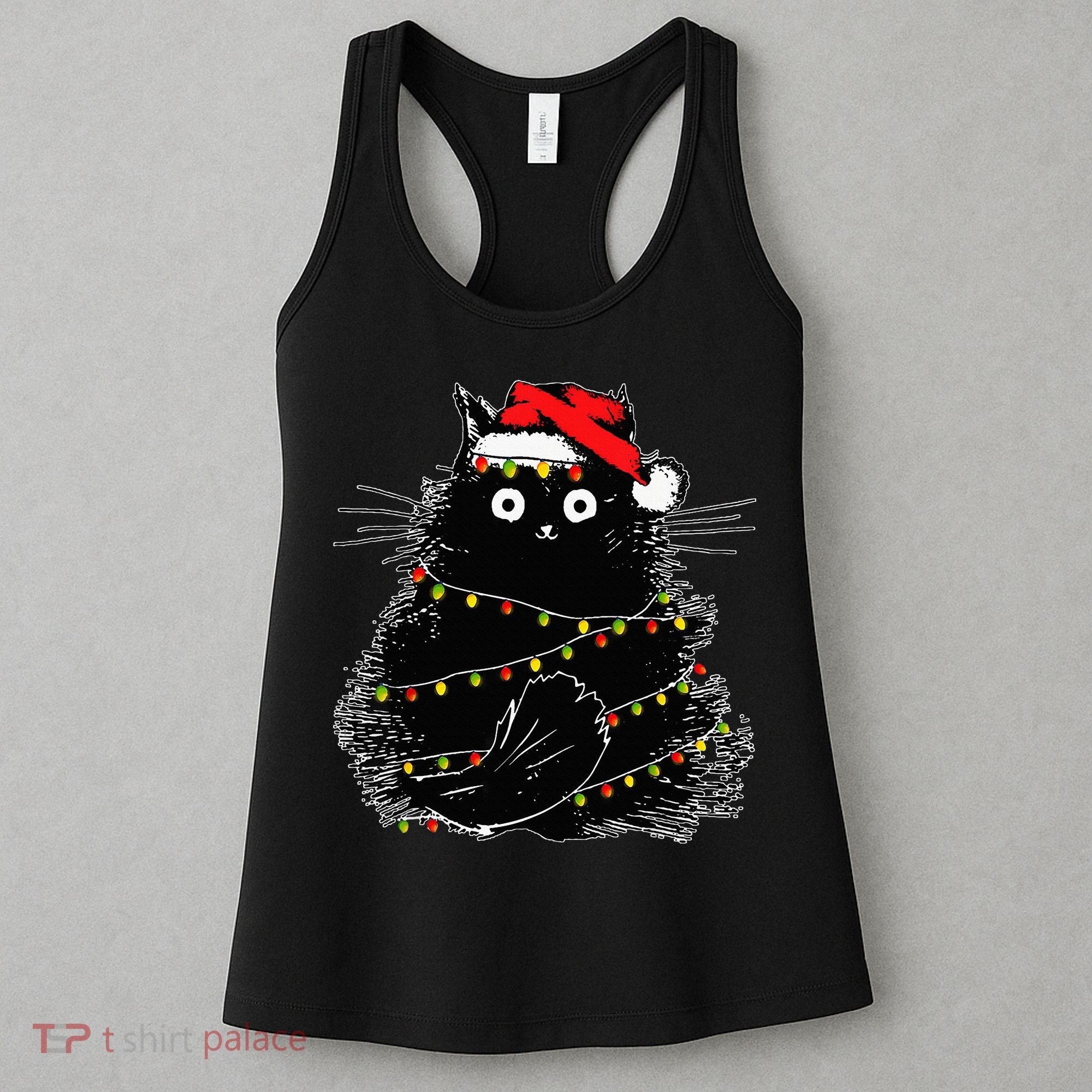 Santa Black Cat Tangled Up In Christmas Tree Lights Holiday Women's Tank Top