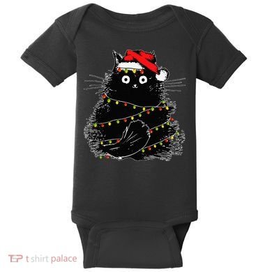 Santa Black Cat Tangled Up In Christmas Tree Lights Holiday Baby Bodysuit