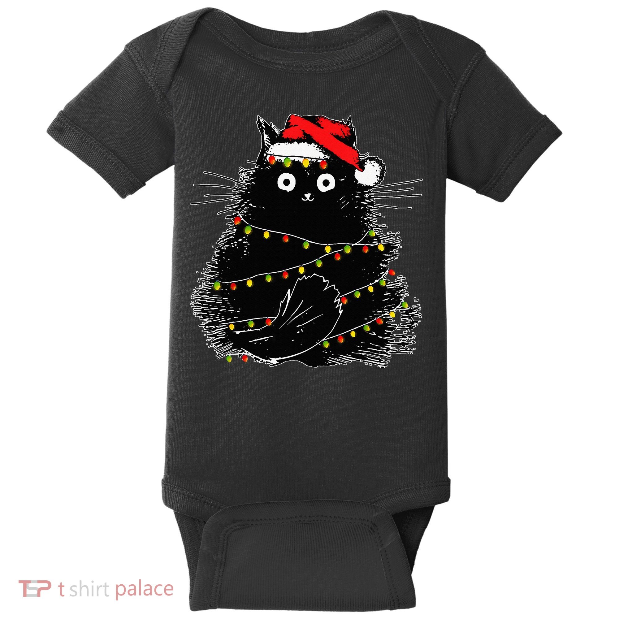 Santa Black Cat Tangled Up In Christmas Tree Lights Holiday Baby Bodysuit