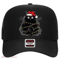 Santa Black Cat Tangled Up In Christmas Tree Lights Holiday Hat thumb 0
