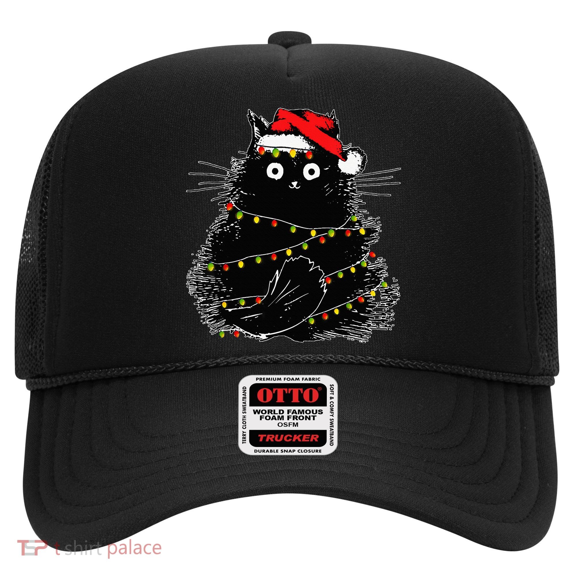 Santa Black Cat Tangled Up In Christmas Tree Lights Holiday Hat