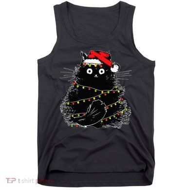Santa Black Cat Tangled Up In Christmas Tree Lights Holiday Tank Top