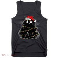 Santa Black Cat Tangled Up In Christmas Tree Lights Holiday Tank Top thumb 0