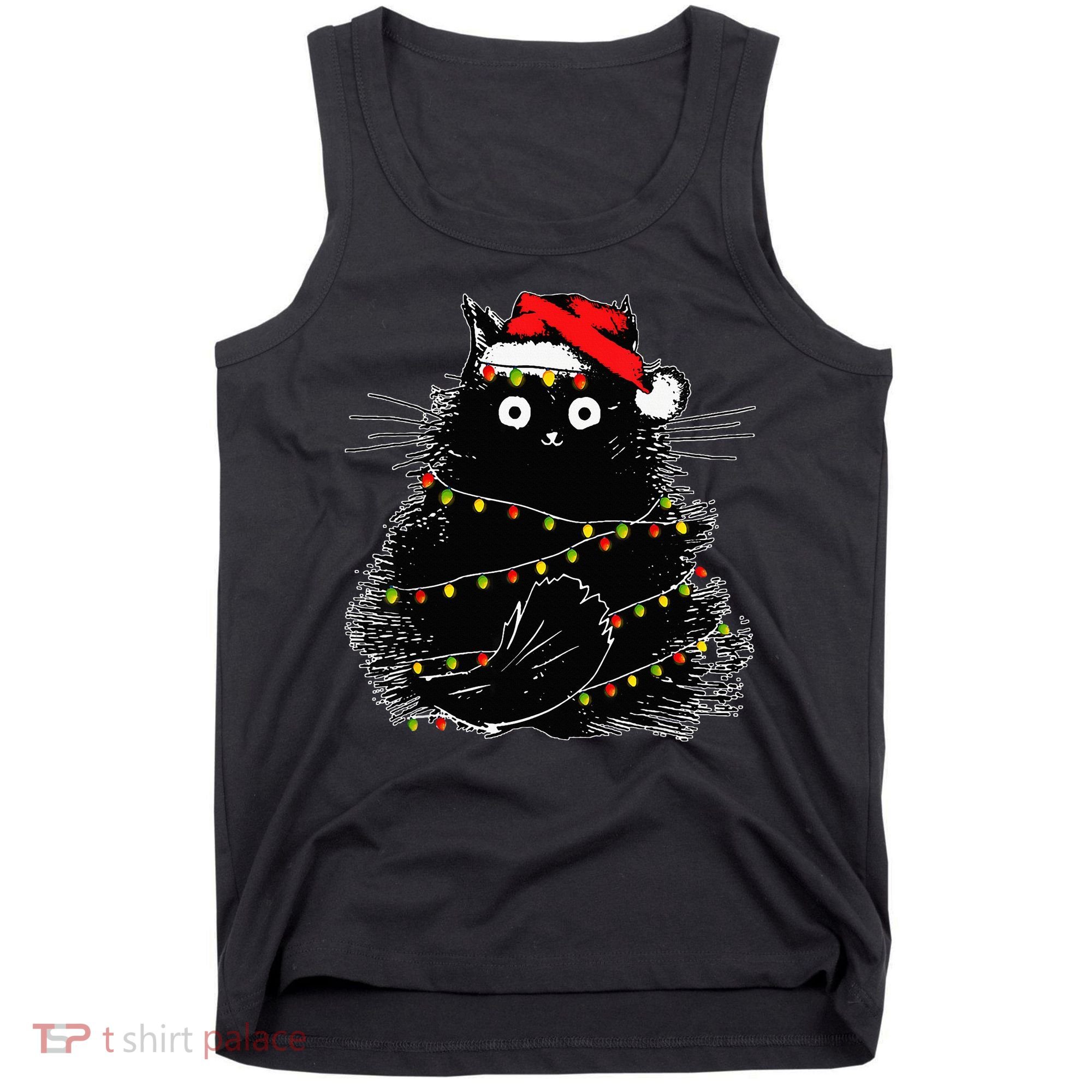 Santa Black Cat Tangled Up In Christmas Tree Lights Holiday Tank Top