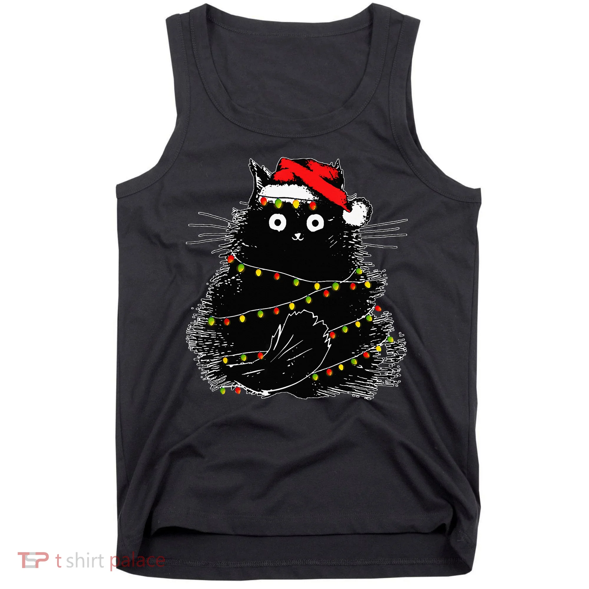 Santa Black Cat Tangled Up In Christmas Tree Lights Holiday Tank Top