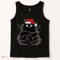 Santa Black Cat Tangled Up In Christmas Tree Lights Holiday Tank Top thumb 2