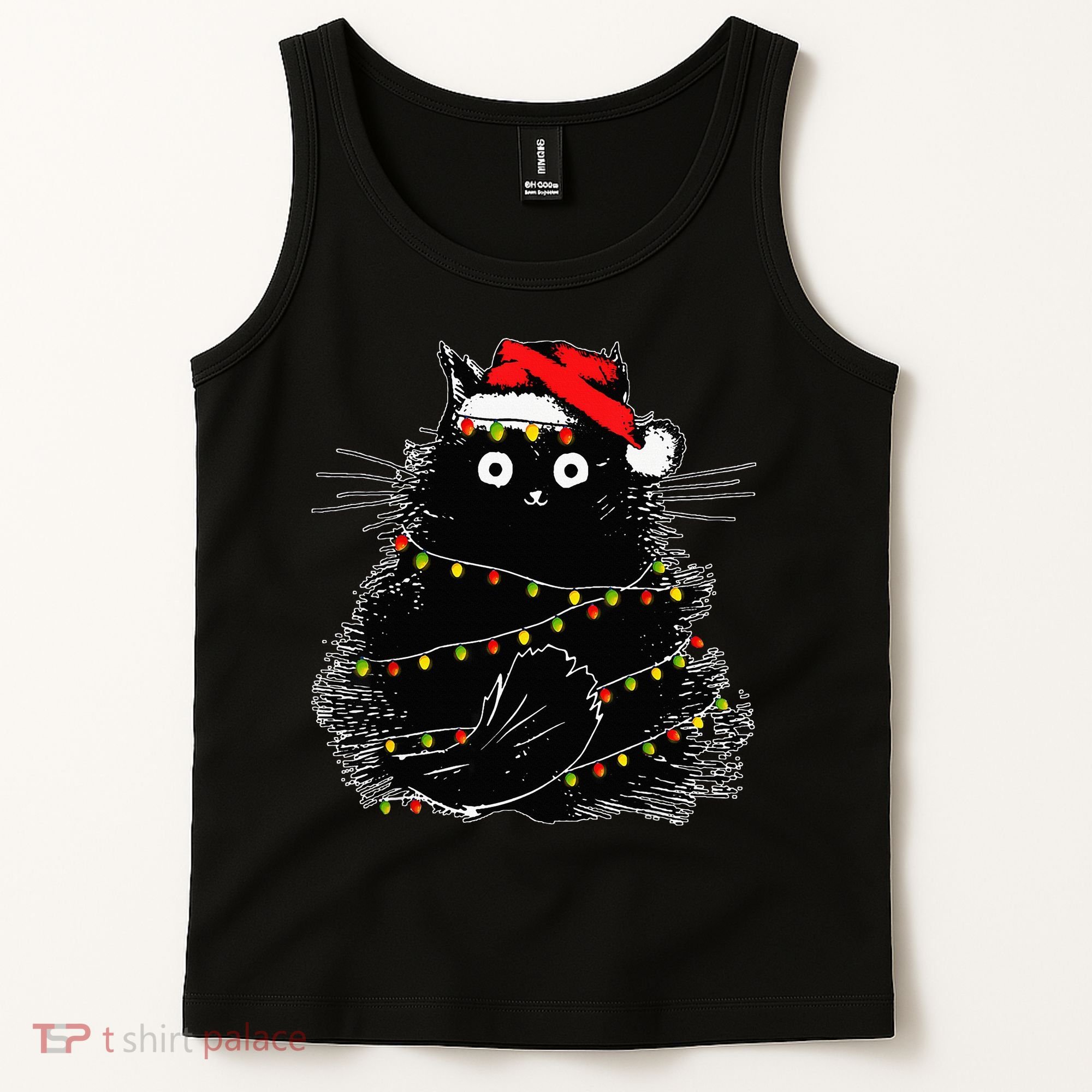 Santa Black Cat Tangled Up In Christmas Tree Lights Holiday Tank Top