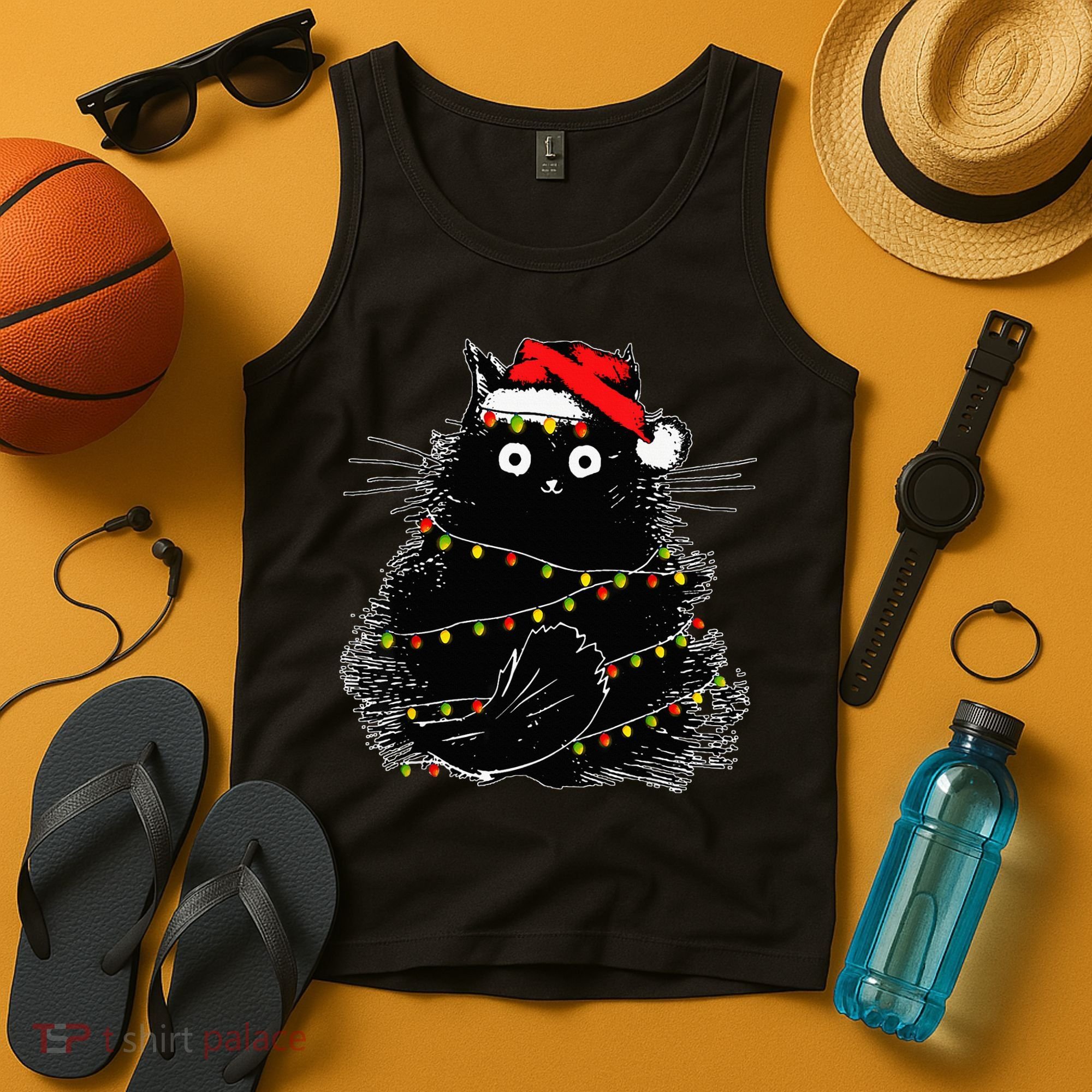 Santa Black Cat Tangled Up In Christmas Tree Lights Holiday Tank Top