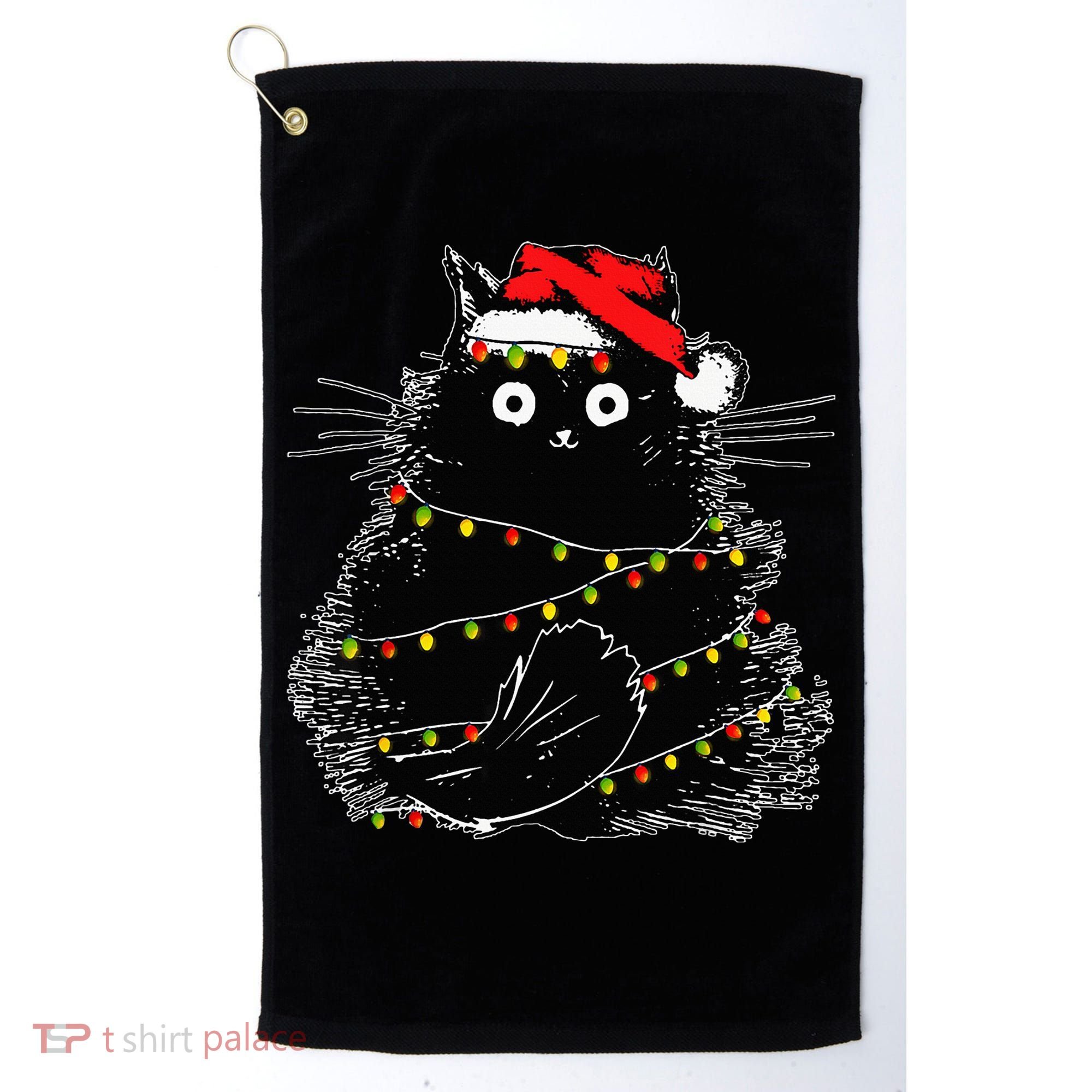 Santa Black Cat Tangled Up In Christmas Tree Lights Holiday Golf Towel