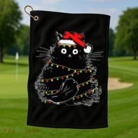 Santa Black Cat Tangled Up In Christmas Tree Lights Holiday Golf Towel thumb 1