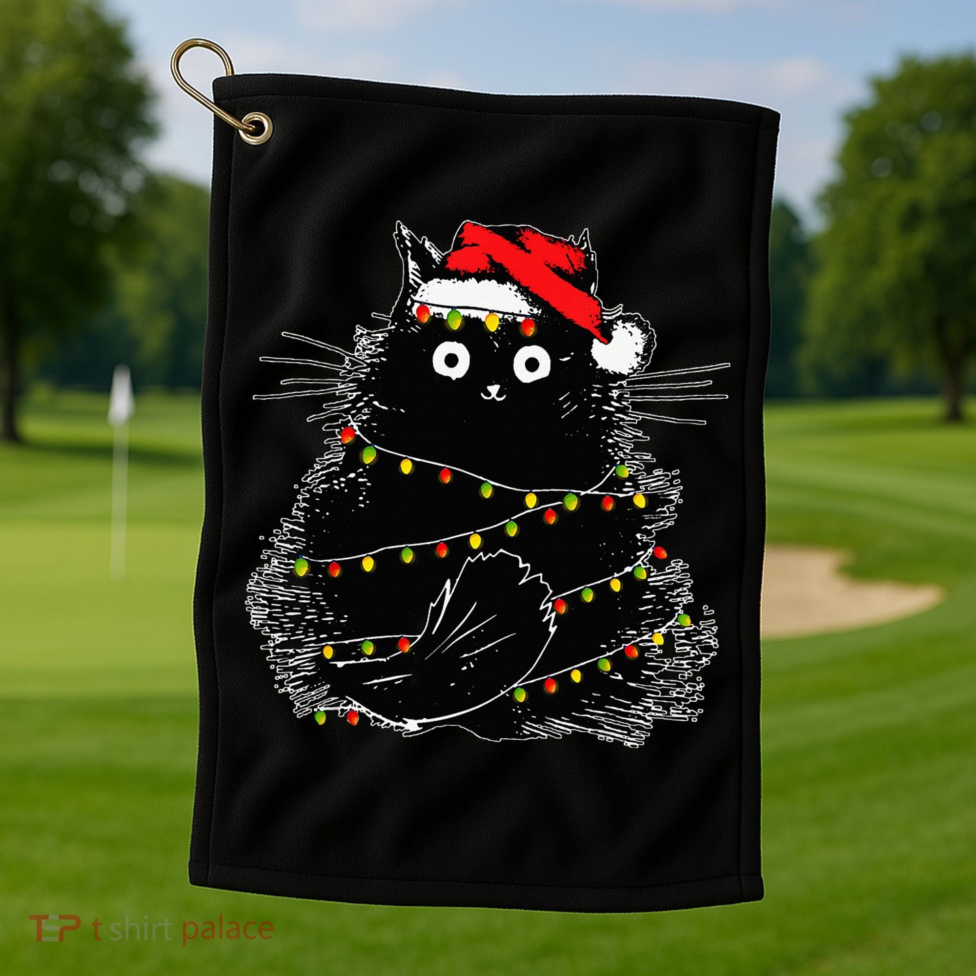 Santa Black Cat Tangled Up In Christmas Tree Lights Holiday Golf Towel