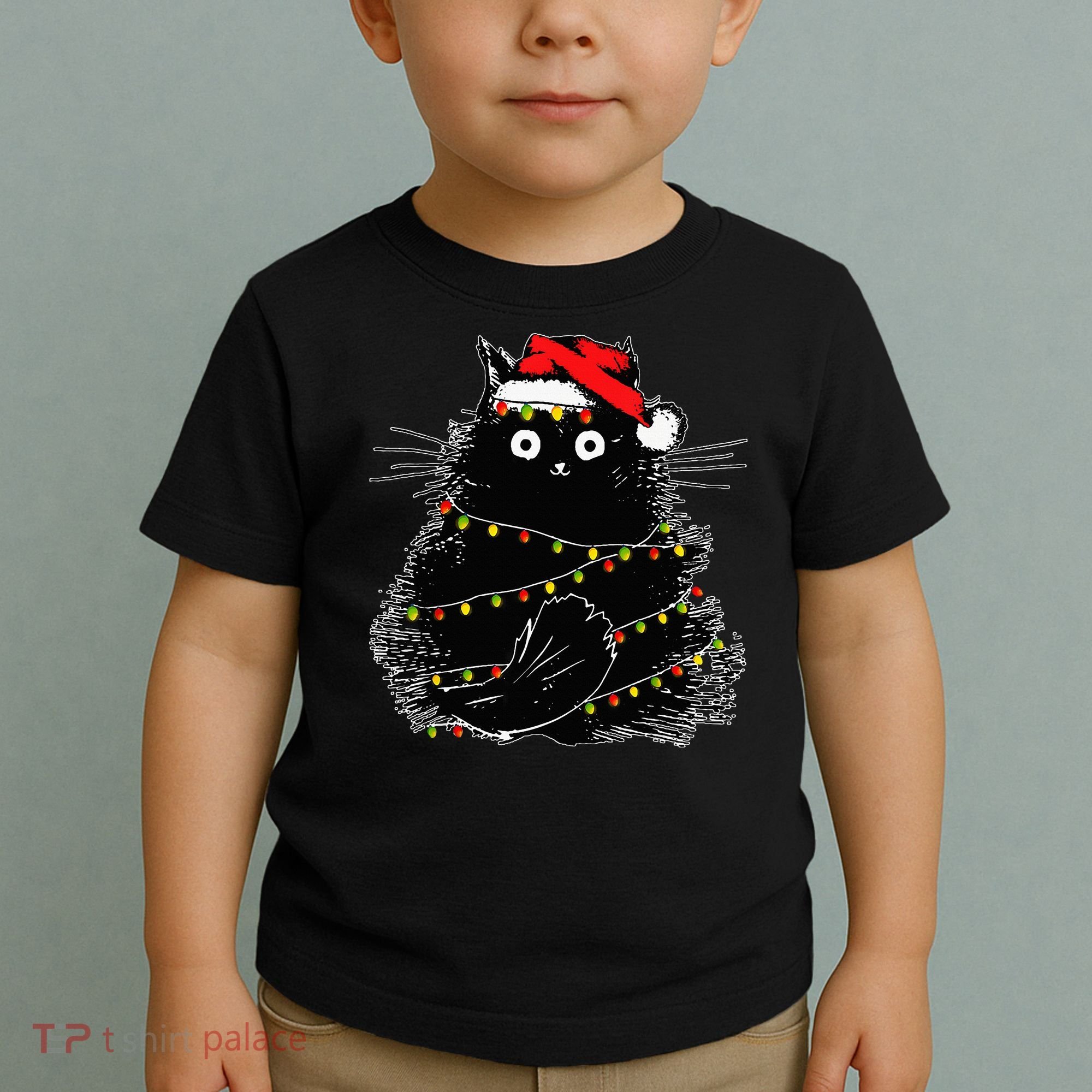 Santa Black Cat Tangled Up In Christmas Tree Lights Holiday Toddler T-Shirt