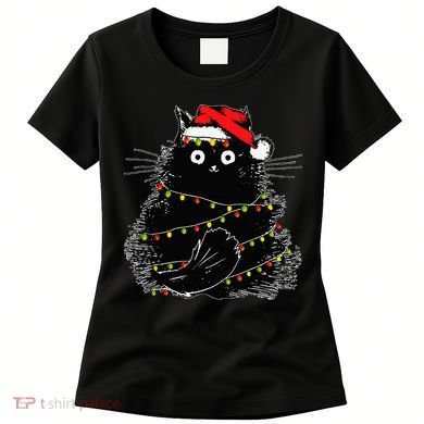 Santa Black Cat Tangled Up In Christmas Tree Lights Holiday Women's T-Shirt