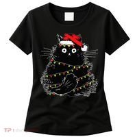 Santa Black Cat Tangled Up In Christmas Tree Lights Holiday Women's T-Shirt thumb 0