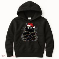 Santa Black Cat Tangled Up In Christmas Tree Lights Holiday Kids Hoodie thumb 0