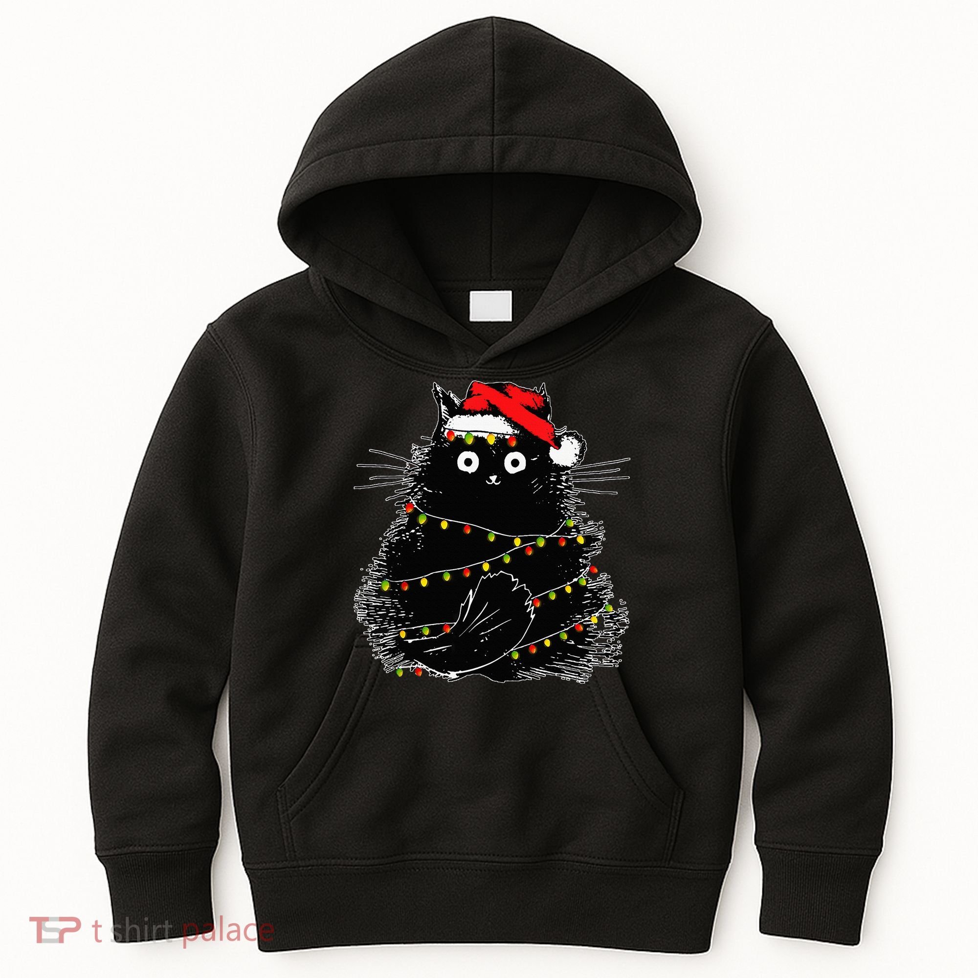 Santa Black Cat Tangled Up In Christmas Tree Lights Holiday Kids Hoodie